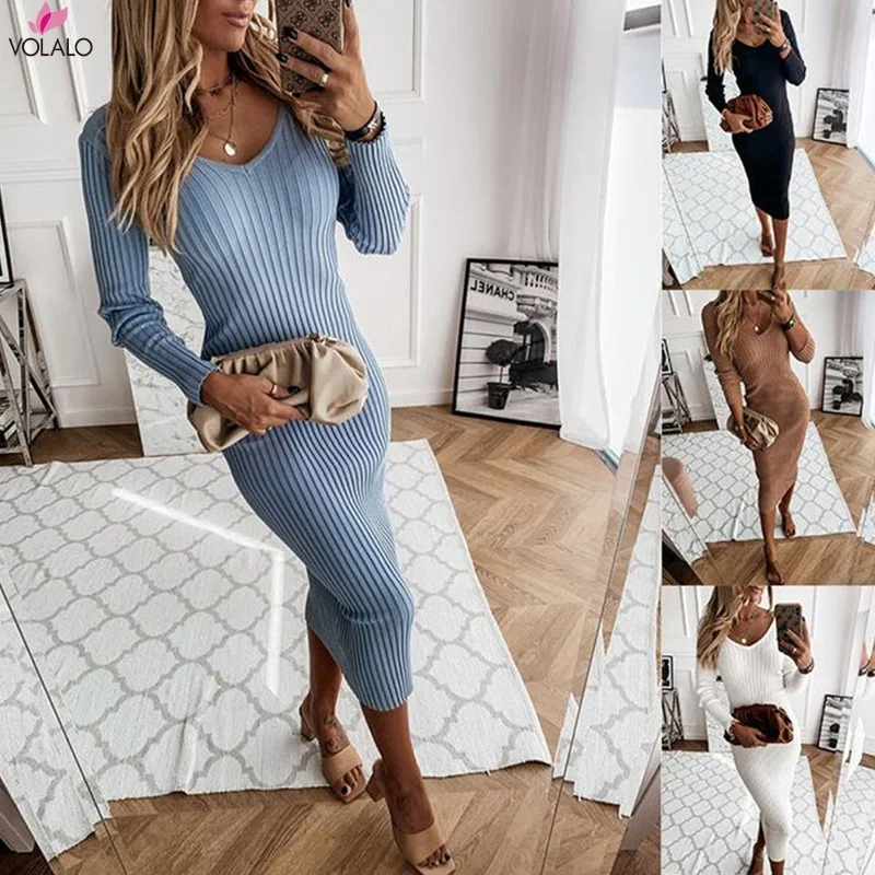 Women's Dress Autumn Winter Fashion Knitted Sexy V-neck Bodycon Long Sleeve Midi Dresses Pencil Maxi Oversized Robe XS-5XL