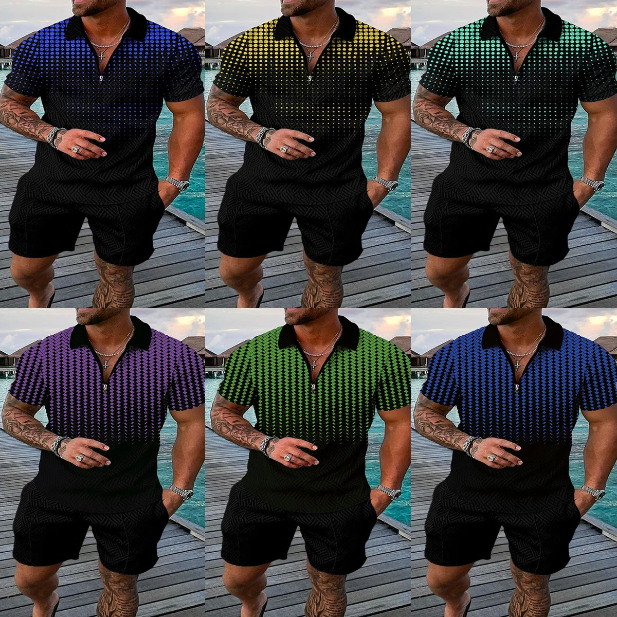 2022 Summer Geometric printing dot Men's Short Sleeve Zipper Polo Shirt&Shorts Set Sports Casual 2-piece Set S-3XL