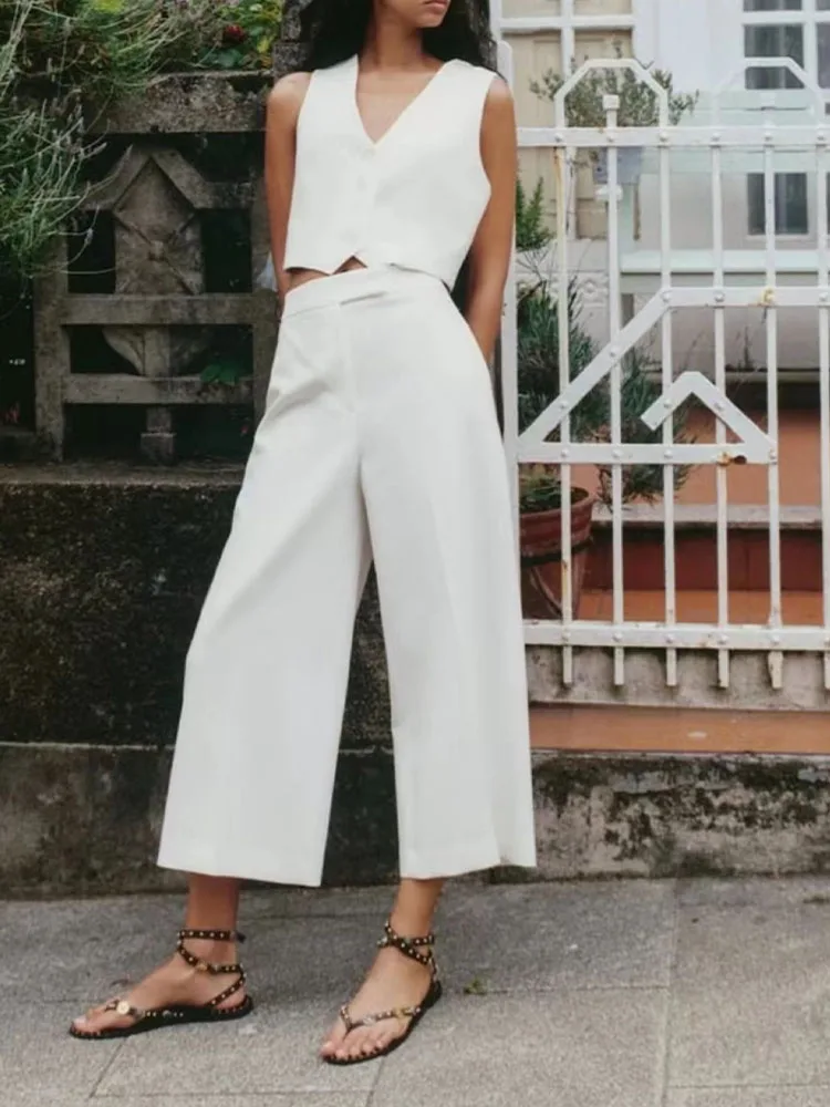 

Zach AiIsa высококачественная ткань под заказ Новинка женский жилет без рукавов с V-образным вырезом + свободные повседневные драпированные широкие брюки с завышенной талией