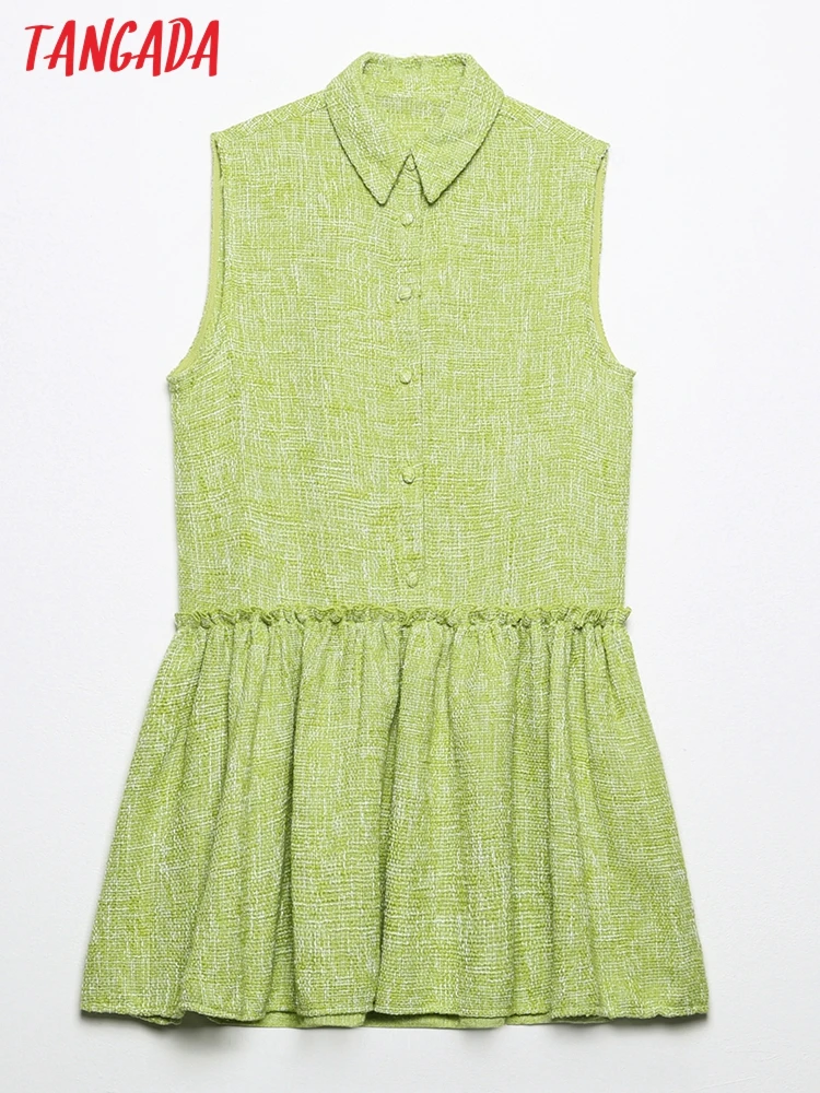 

Tangada Women's Green Shirt Dress Sleeveless Fashion Female Casual Short Dress 6H49