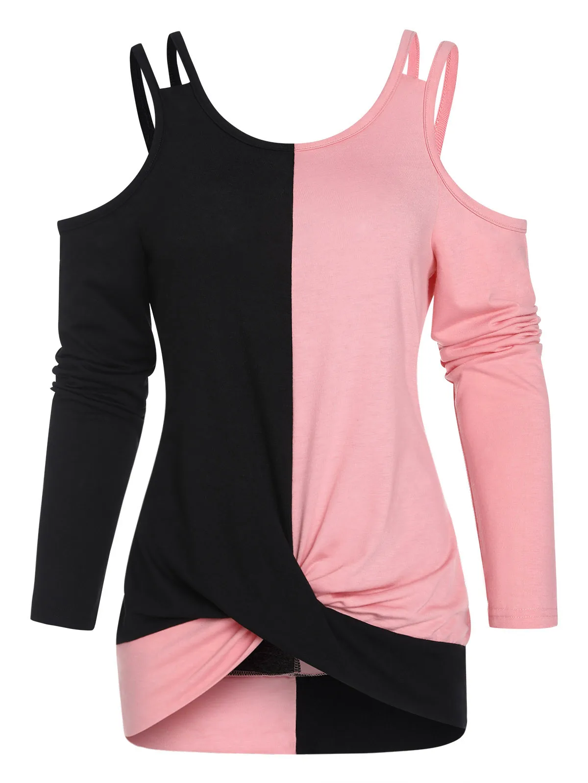 

Женская Повседневная футболка с цветными блоками и двумя ремешками, с открытыми плечами, осенняя, двухцветная, с открытыми плечами