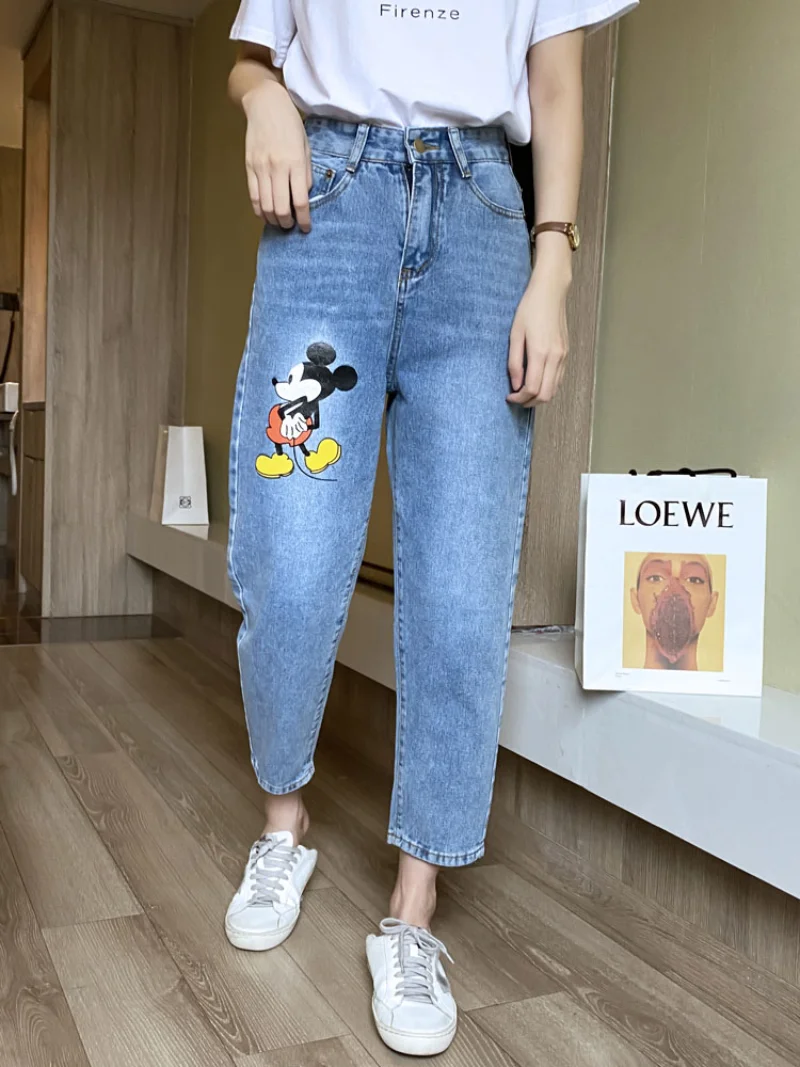 Cartoon Straight Jeans Women's 2023 Early Spring New Trendy Printed Cropped Pants High Waist Loose Slimming Harem Pants Trousers