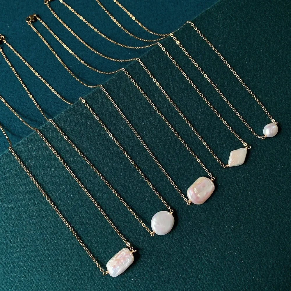 Ожерелье женское из натурального пресноводного жемчуга, колье-цепочка из нержавеющей стали, асимметричное прямоугольное колье с бусинами и барочным жемчугом image_1