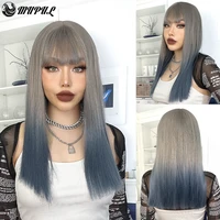 medium straight synthetic wigs for women with bangs grey ombre blue natural lolita party cosplay daily wigs heat resistant