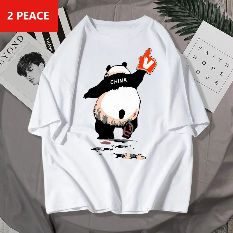 

2023 Summer Men O-neck Short Sleeved Tops Unisex Style Cotton Oversized T-shirt Ins Anime Panda StreetWear Cartoons Print Tees