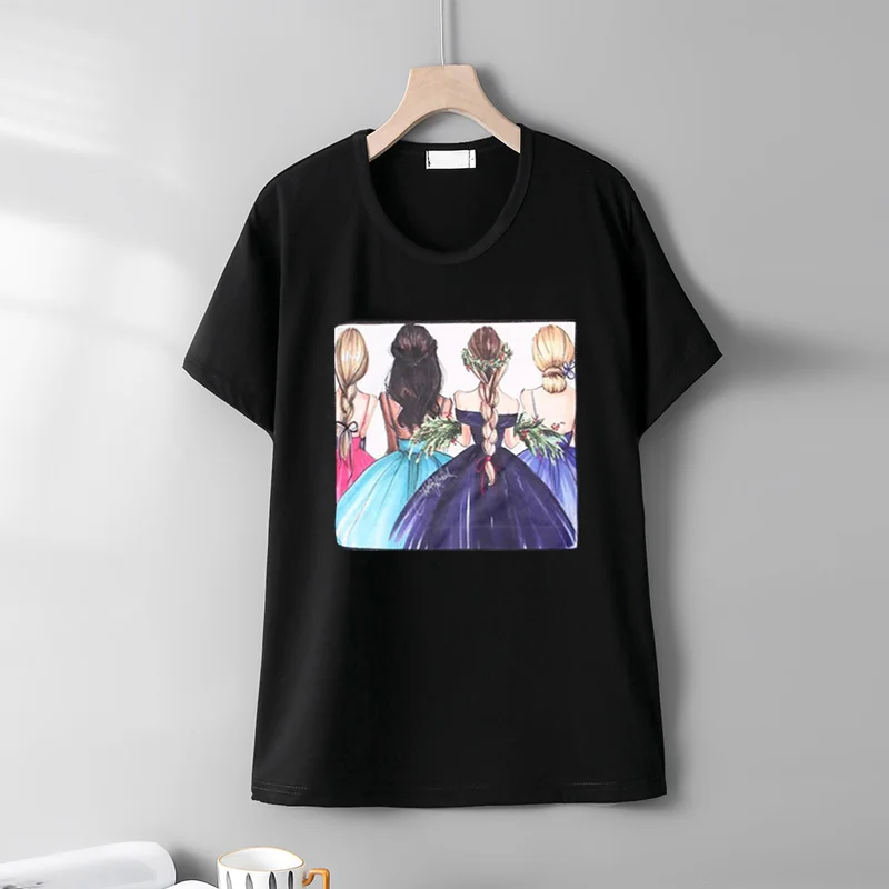 

Summer 2022 Fashion Korean Style Short Sleeve T-shirts Female Personality Appliques Printed Loose Casual Round Neck Women Tops