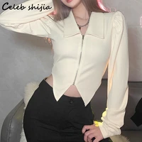 chic apricot cropped tops women 2022 turn down neck long sleeve zipper top women blouses korean fashion vintage clothing