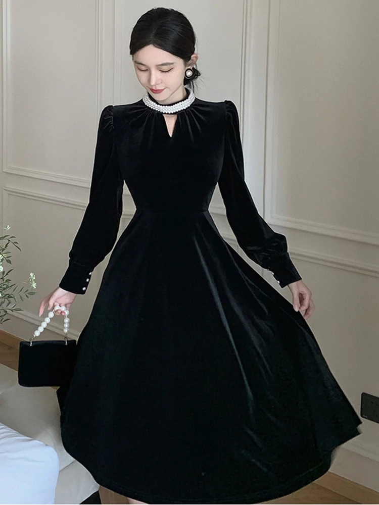 Осеннее черное бархатное платье для женщин французское винтажное офисное