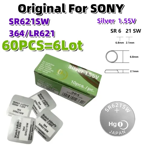 Оригинальные кнопочные батарейки Sony 364 AG1 LR621 для часов и игрушек