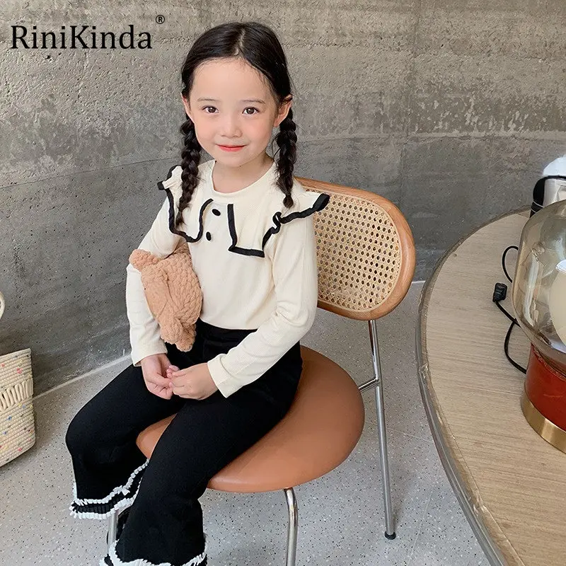 

Новая хлопковая осенняя одежда rinikind для маленьких девочек, футболки, Весенняя футболка с круглым вырезом для детей, футболка с длинным рука...