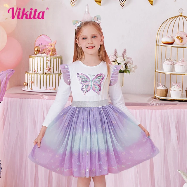 VIKITA Autumn Girls Dress Butterfly Sequins Kids Long Sleeve Dresses Baby Girls Princess Dress Party Clothes Birthday Dresses 1