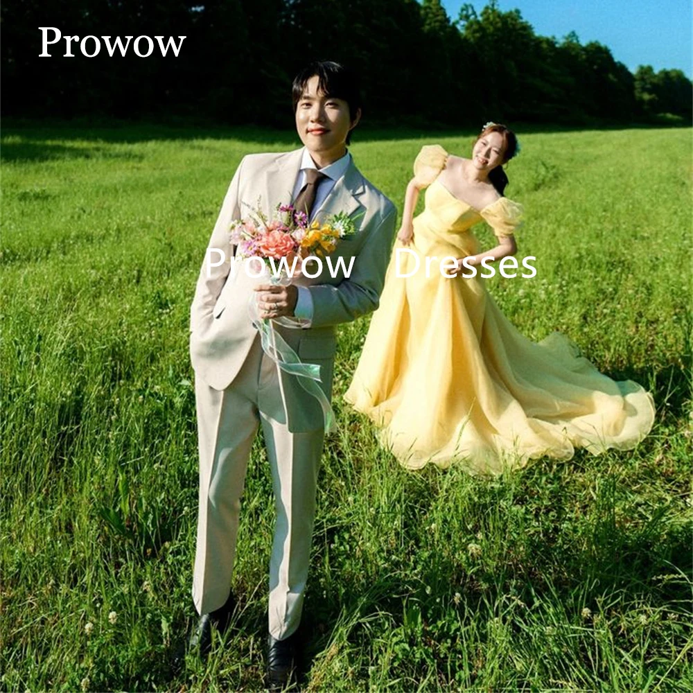 Желтые платья для выпускного вечера Prowow с квадратным вырезом корейские