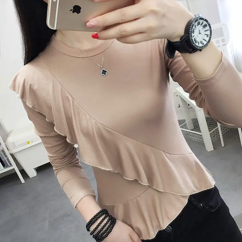 

Fashion Solid Color Loose Spliced Ruffles T-Shirt Women Clothing 2022 Autumn Casual Pullovers Tops All-match Korean Tee Shirt