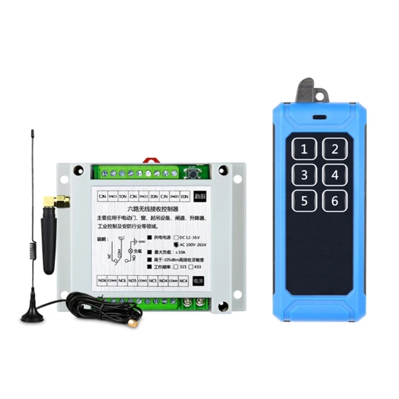 

594A 315Mhz / 433Mhz Wireless Switch 12V-24V 6CH Relay Receiver Module + 6 Botton RF Remote Control Transmitter for Garage