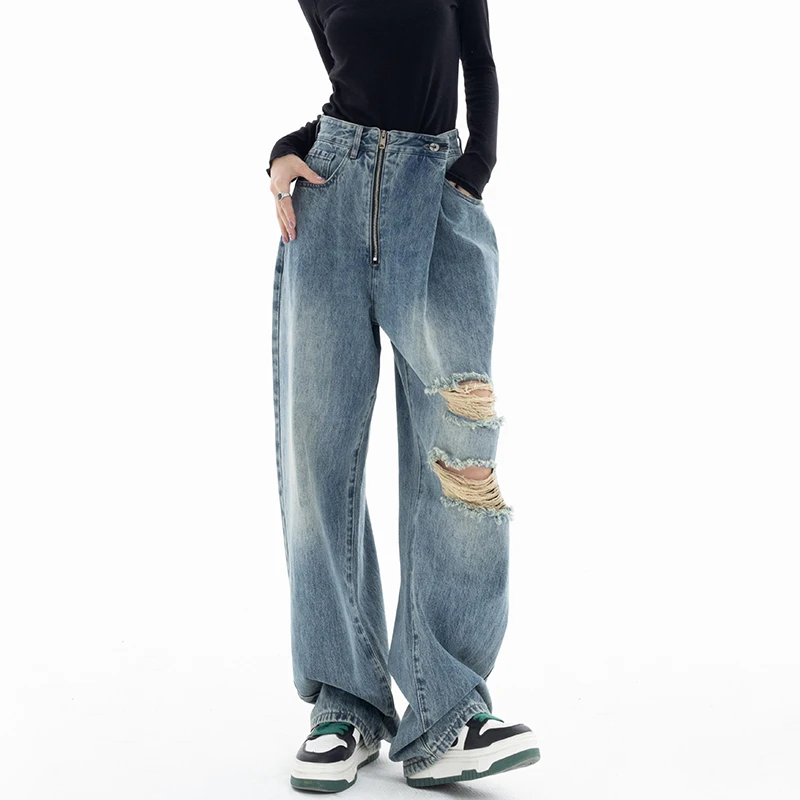 Ripped Jeans Women's Spring and Autumn Zipper Design Sense Mop Pants Retro Washed Wide Leg Pants Straight-Leg Pants Pants