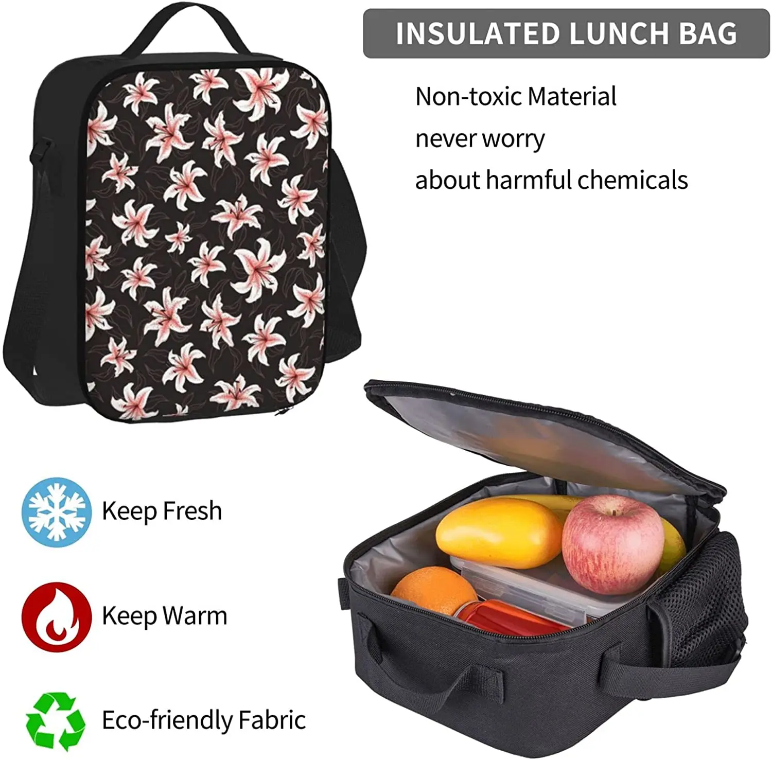 Lilies Black Backpack Set 3-Piece Teen Boys Girls Backpack Messenger Lunch Bag Pencil Case Set