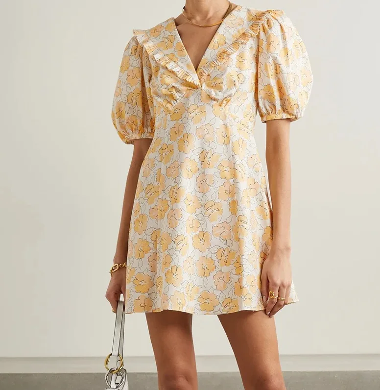 

French Vintage Floral Print V-Neck Short Dress Ruffle Doll Neck Sweet High Waist Dress Women Summer Fashion Streetwear