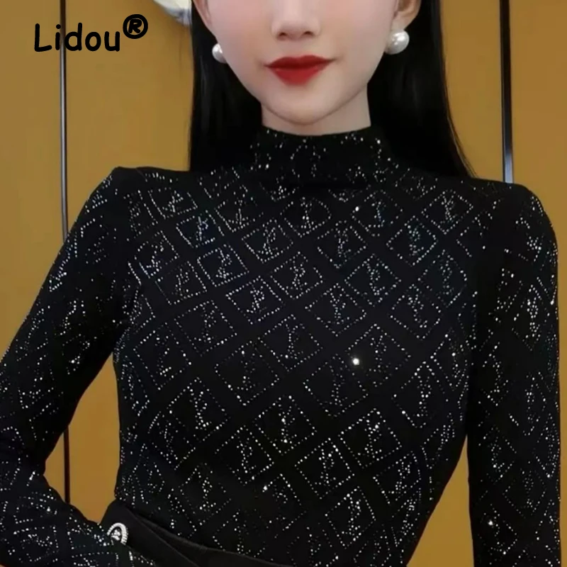Женские корейские модные базовые футболки с высоким воротником и стразами