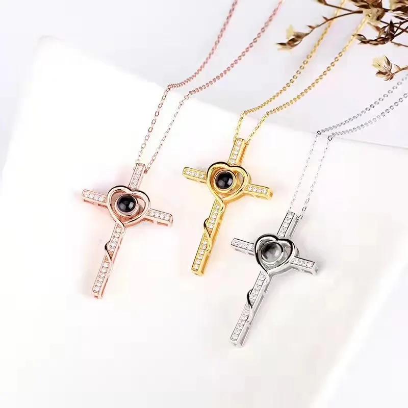 HIBODY Picture Text Custom Zircon Necklace Shining Cross Projection Necklace Jewelry Gift for Relatives and Friends
