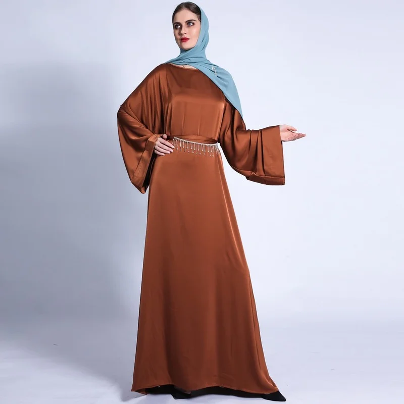 Plain Fashion Satin Abaya Maxi Dress for Women Loose Hijab Dresses Morocco Kaftan Diamonds Tassel Belt Dubai Turkey Robe Autumn