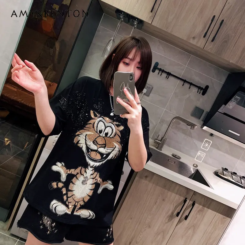 Women's T-shirt Summer Fashion Brand Short Sleeve Cute Tiger Wings T-shirt Hot Drilling Heavy Industry Street Cool Handsome Tops