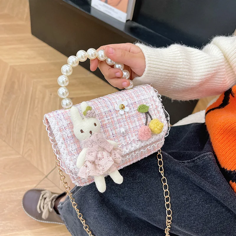 Girl Crossbody Bag Princess Pearl Handbag Cartoon Cute Rabbit Chain Shoulder Messenger Bag Children's Accessories Coin Pouch