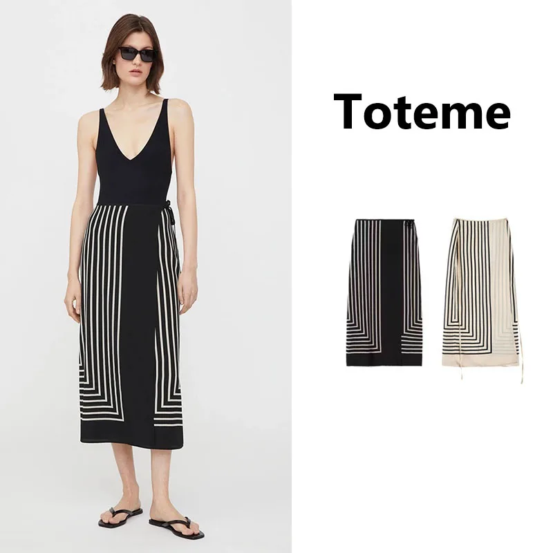 

Toteme All-match Skirt Summer New Product Mulberry Silk One-piece Lace-up Silk Wrap Black And White Striped Urban Style