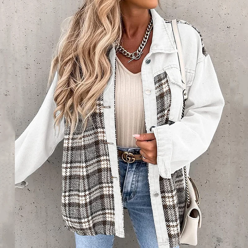 

Women Denim Plaid Jacket Coat Fashion Winter Lapel Long Sleeve Coat Casual Loose Shirt Jacket Female Clothes Coat Outwear