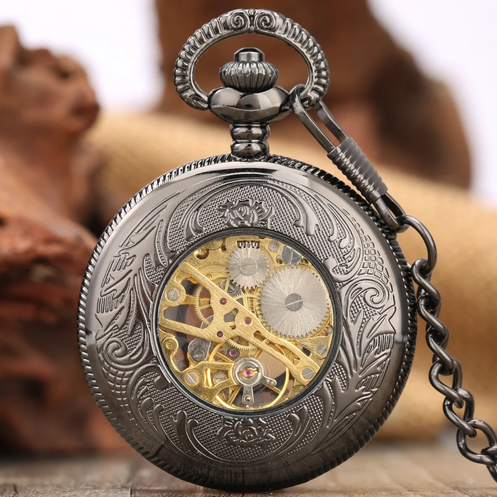 Gold Roman Numerals Dial Manual Mechanical Pocket Watch Hollow Black Sun Pattern Vintage Pendant Man Clock Fob Chain