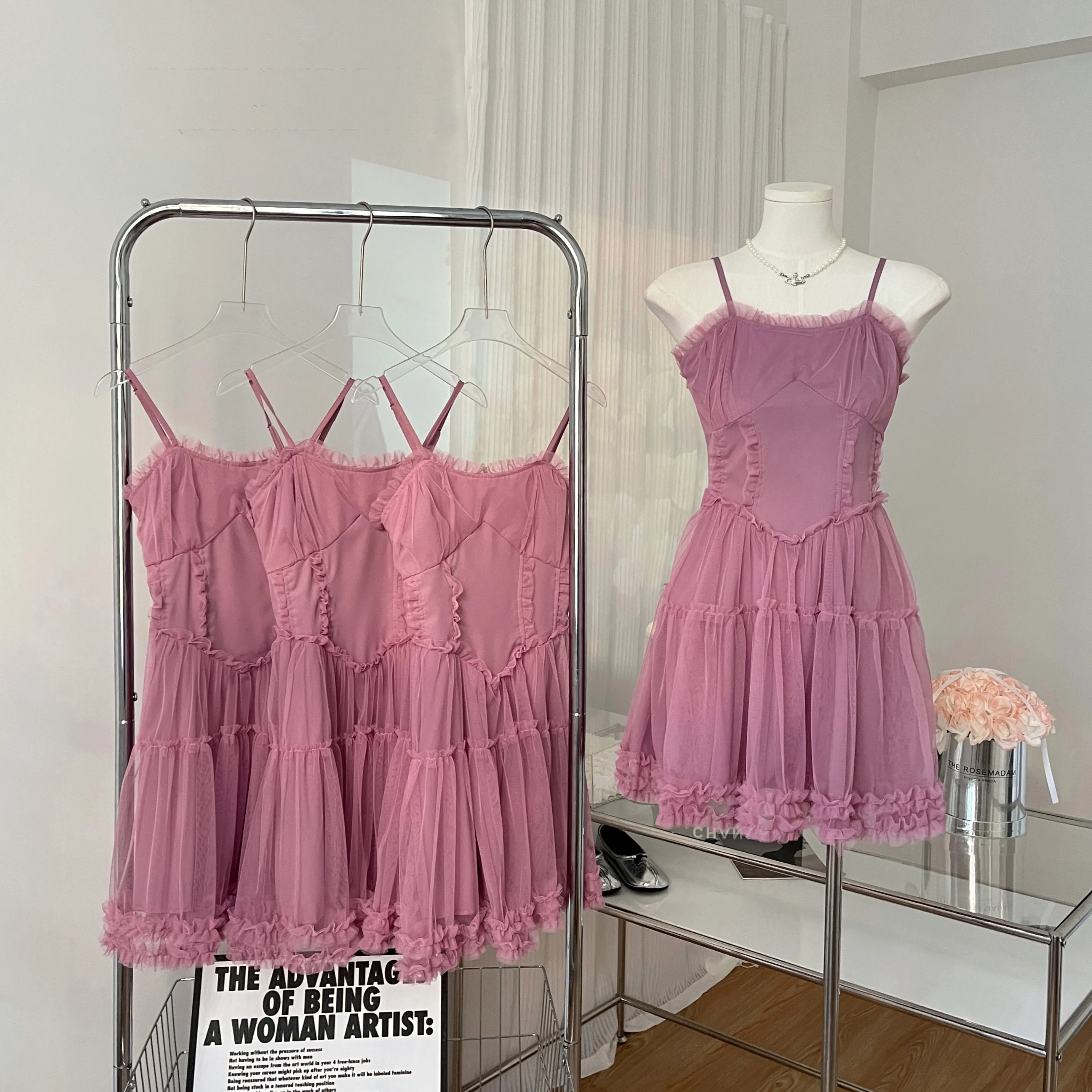 

Women's Summer Sweet Ruffles Gauze Mini A Line Dress Lady Solid Color Sleeveless Strap Party Holiday Short Dress