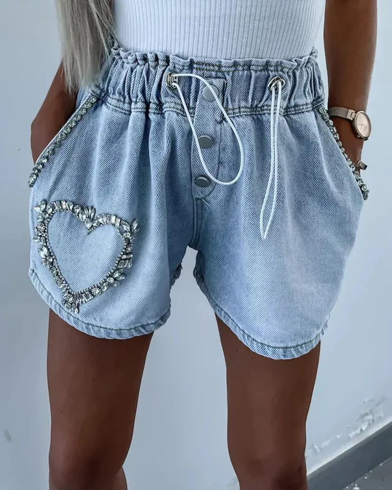 

Rhinestone Heart Pattern Drawstring Denim Shorts Pockets Lace Up Crastal Button Solid Color Women Summer Sexy High Waist