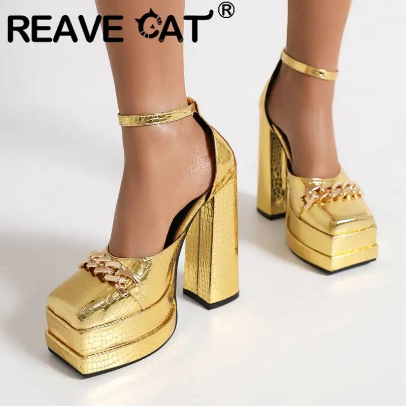 

Женские туфли-лодочки REAVE CAT, туфли с квадратным носком на массивном каблуке 14 см и двойной платформой 5 см, ремешок с пряжкой и ремешком с камнями, большой размер 44 45, женская обувь с цепочкой