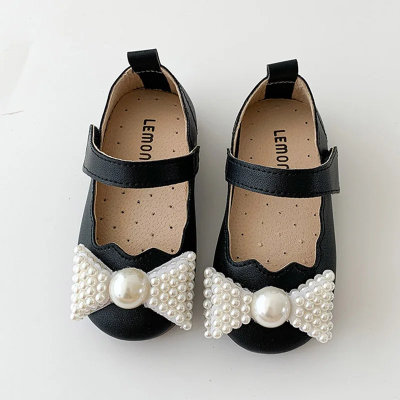 Girls Shoes Pearls Bow Mary Janes Kids Flats White Wedding For Flowers Princess Baby Bead Single Shoe |