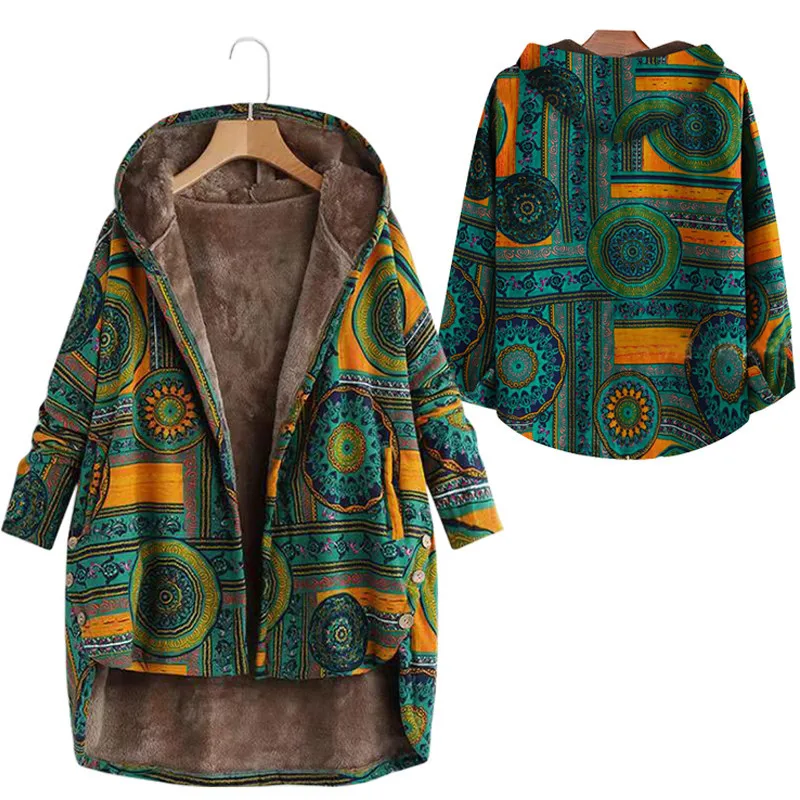 Hooded Winter Coat for Women Retro Ethnic Style Flower Printing Plush Warm Outfits Quilted Jacket Ey*