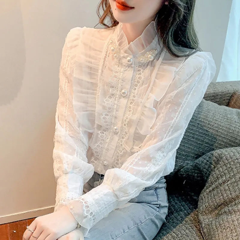 Кружевные женские рубашки и блузки Matakawa однотонные элегантные во французском