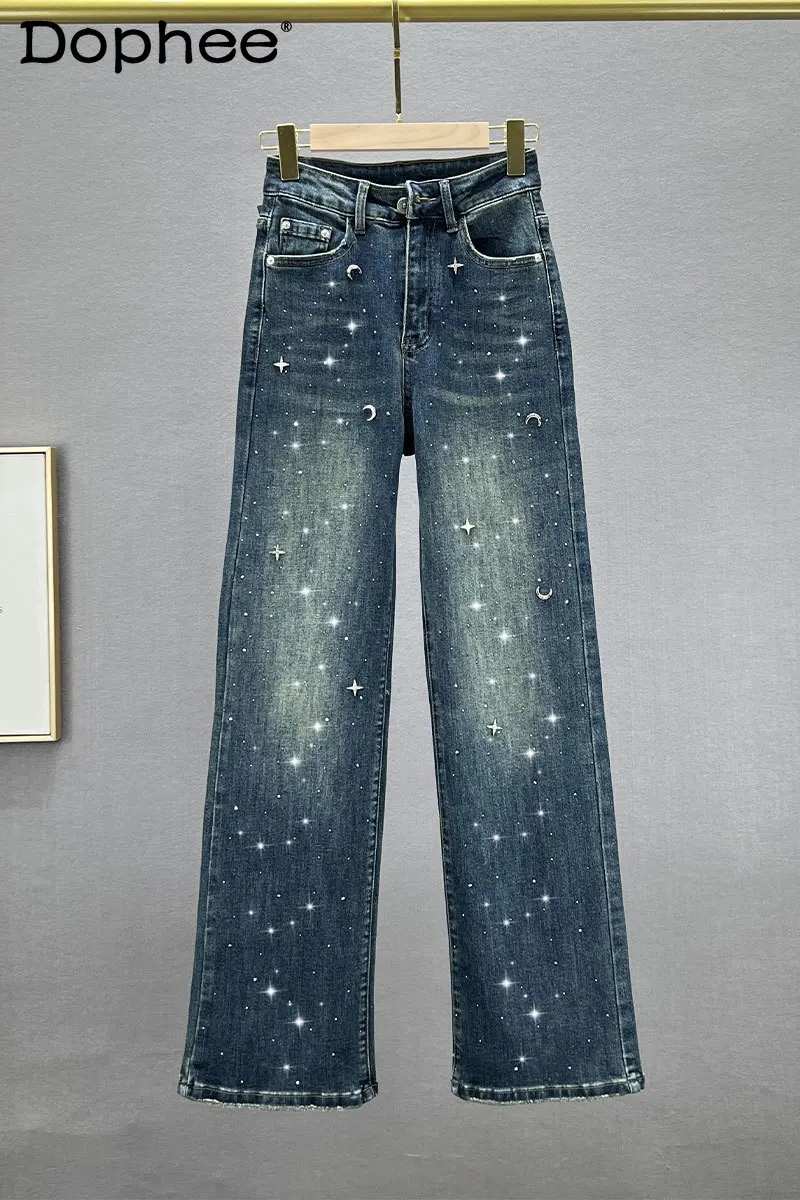 

Тяжелая вышивка горячие сверкающие Джинсы женские джинсовые брюки новинка 2023 осень с высокой талией свободные стройнящие широкие брюки мешковатые брюки
