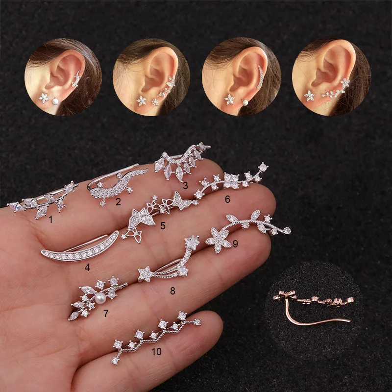 

1PC CZ Mismatched Cartilage Earring Helix Piercing Jewelry Plant Ear Crawlers Flower Leaf Gecko Ear Climbers Earrings