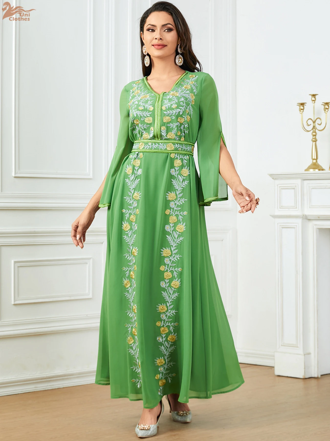 Мусульманские модные платья Рамадан с вышивкой для женщин сетчатый рукав