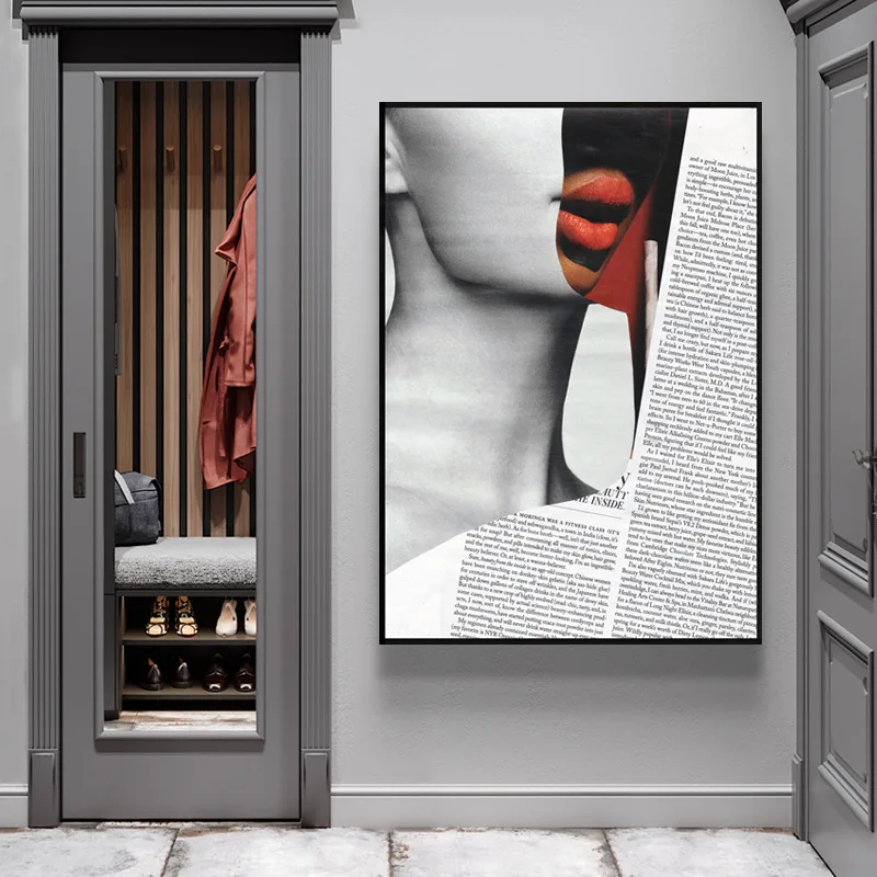 

Abstract Woman Canvas Painting Wall Art Black and White Poster Prints with Frame Geometric Color Block Picture for Home Decor