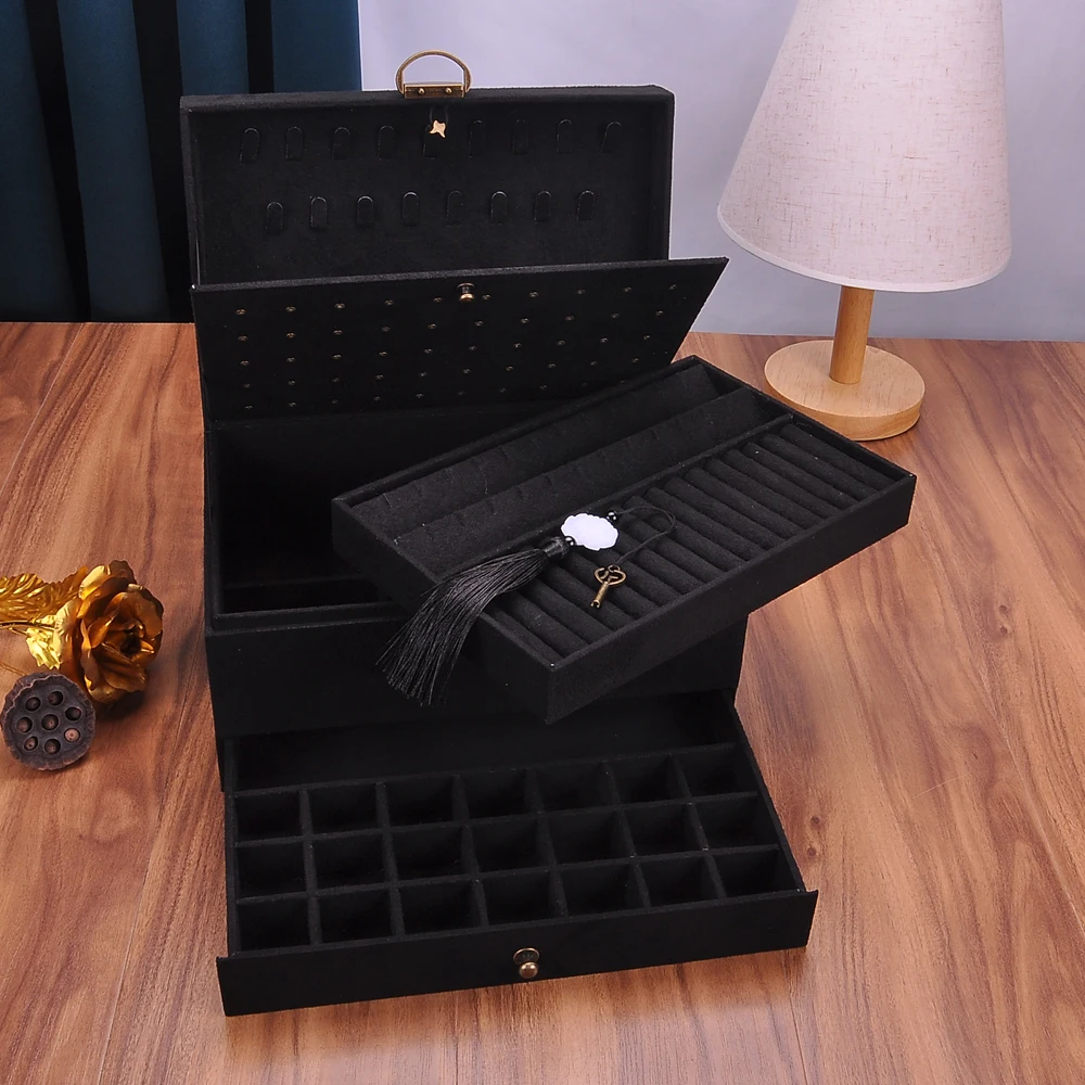 Women Jewelry Box Storage Velvet Big Rings Earrings Makeup Case Necklace Holder Organizer Lock Key Bangle Watch Jewel Display