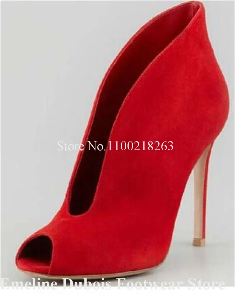 Shallow Short Boots Emeline Dubois Brand Peep Toe Silver V-cut Stiletto Heel Ankle Booties Slip-on High Heels Big Size Heels