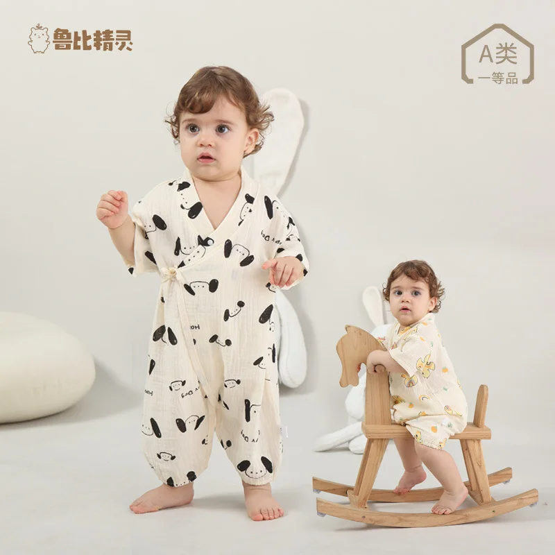 

Одежда из газового хлопка для новорожденных, одежда из однотонного хлопка с коротким рукавом, тонкий секционный хлопковый классный набор одежды с завязками для младенцев