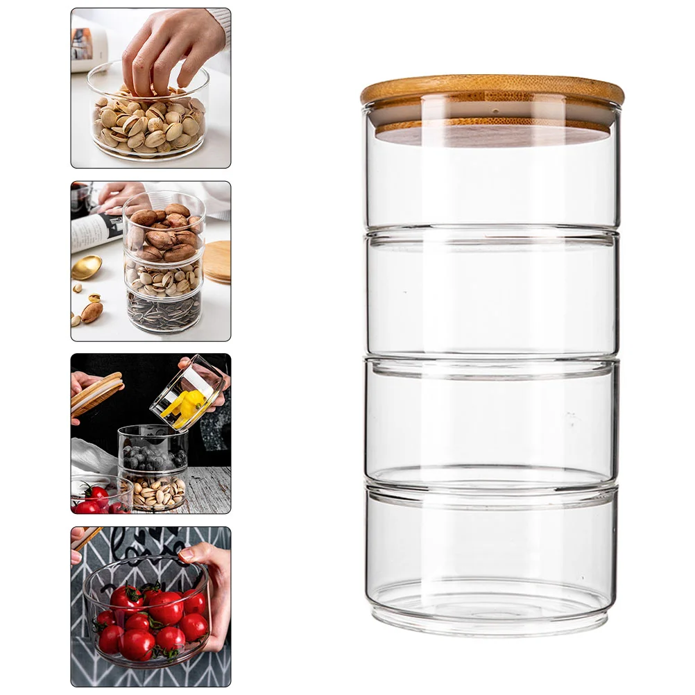 

Stackable Glass Storage Jars with Lid, 4- Tier Round Glass Storage Canisters Glass Storage for Serving Tea, Fruit,, Cookie