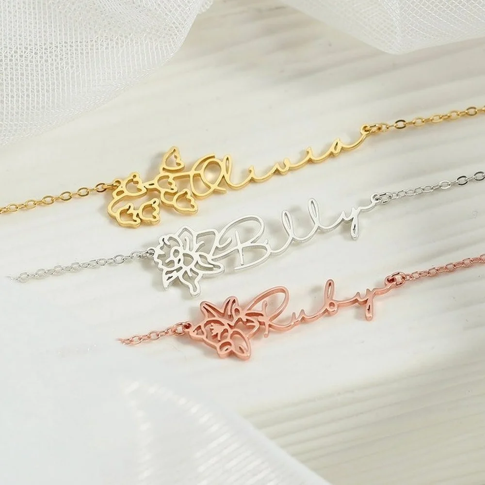 Flower Bracelet Personalized Birth Flower Custom Name Bracelets for Women Adjustable Stainless Steel Gold Jewelry Birthday Gifts