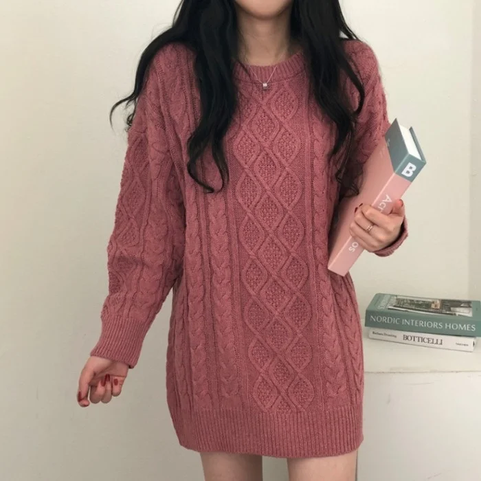 

Women's Sweater Korean Chic Winter Round Neck Pullover Sweater Loose Long Knit