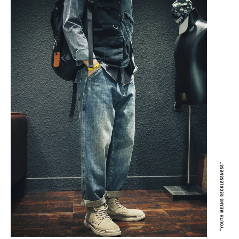 Men Clothing New Pattern Recreational Vintage Nostalgia Blue Jeans Comfortable Straight Cylinder Loose Haren Pants Autumn Female