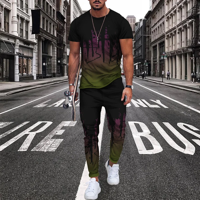 Stripe Short T Shirts Trousers Sets Long Pants 3D print Tracksuits Sportwear Suit 2 Piece Set Men Clothes T Shirt Long Pants Men