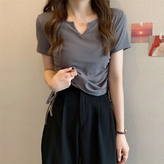 

V-neck drawstring slim pure desire wind short-sleeved T-shirt woman WHITE