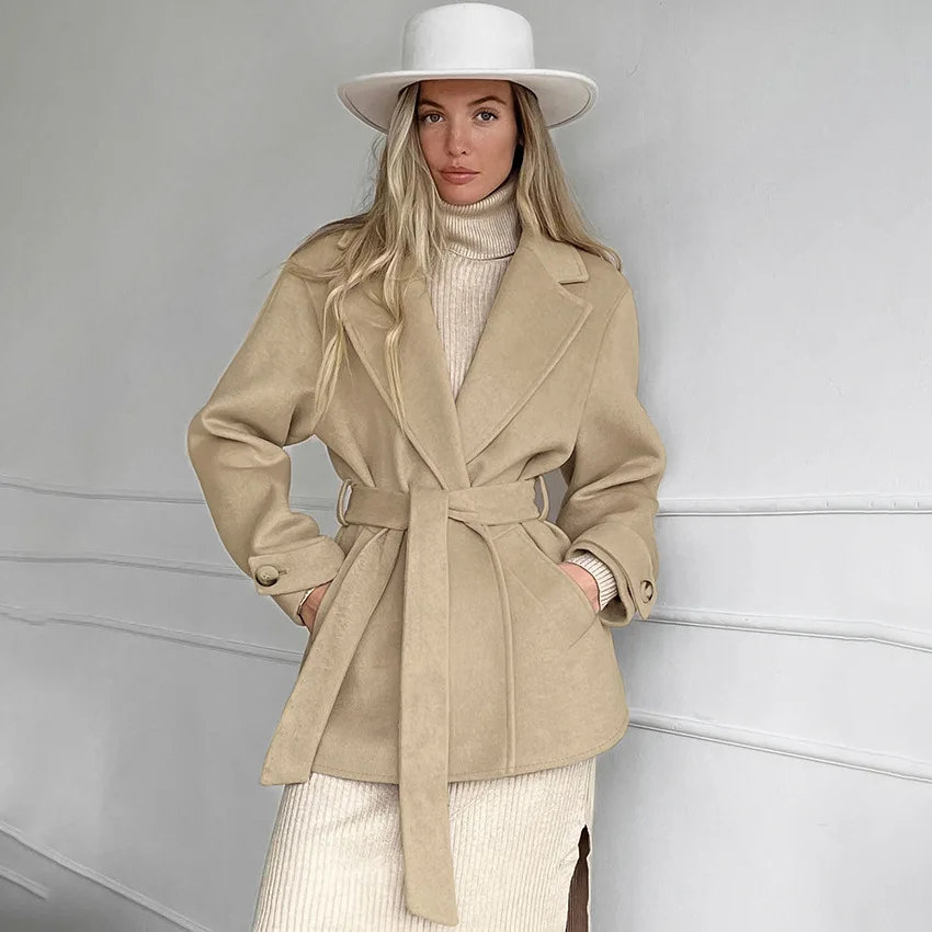 

Женское шерстяное пальто, винтажное элегантное пальто цвета хаки с поясом, длинное облегающее офисное пальто, уличная одежда, осень-зима 2023