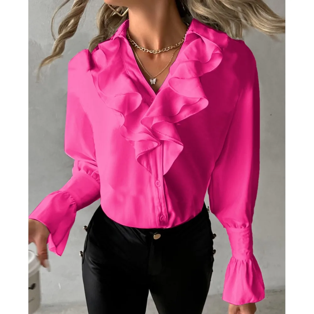 

Ruffles Patchwork V Neck Elegant Shirt Women 2023 Autumn Office Fashion Flare Sleeve V-neck Chic White Shirts & Blouses Camisas